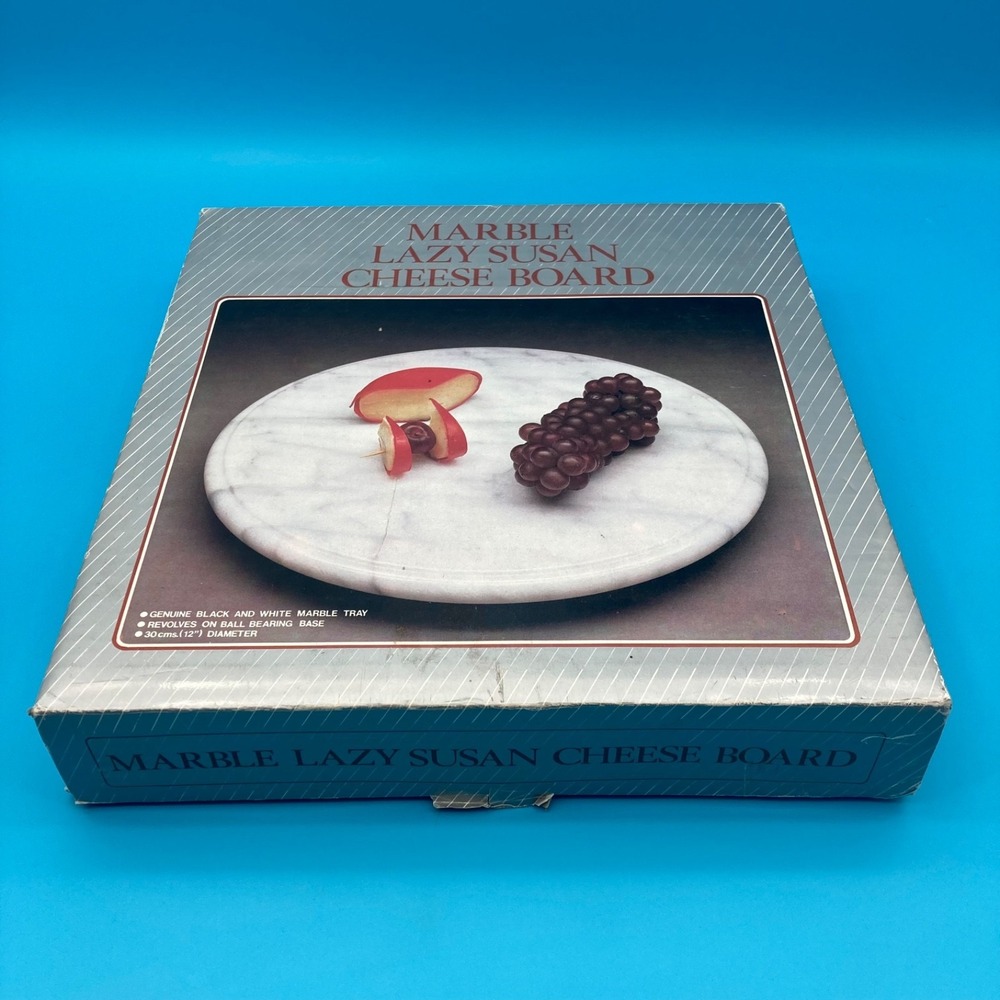Vintage Black and White Marble Lazy Susan Cheese Board 12" Diameter EUC with Box